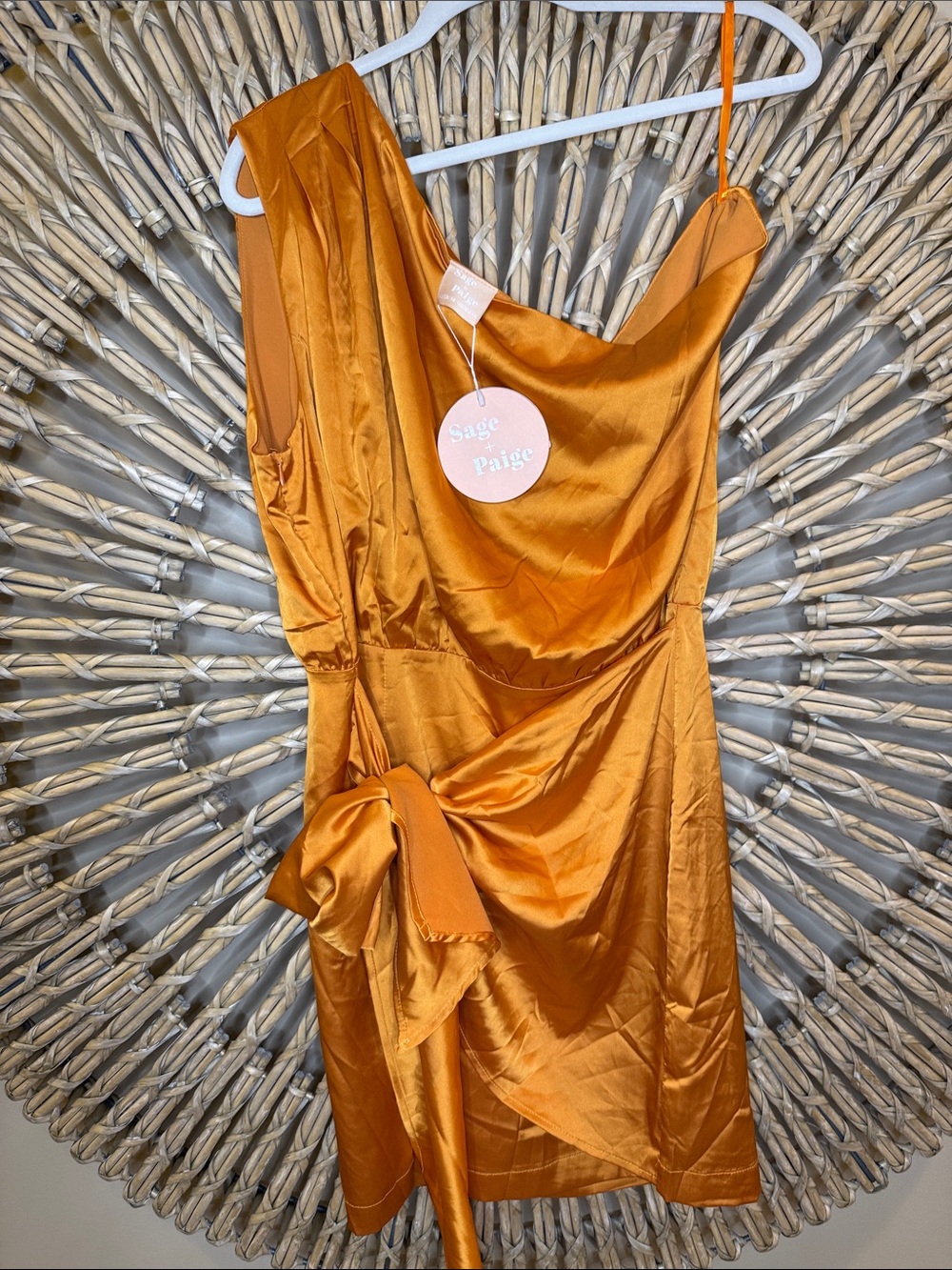 Sage & Paige One-Shoulder Satin Dress in Burnt Orange